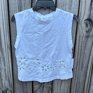Japna White Tank Top with Floral Cut Out Detail